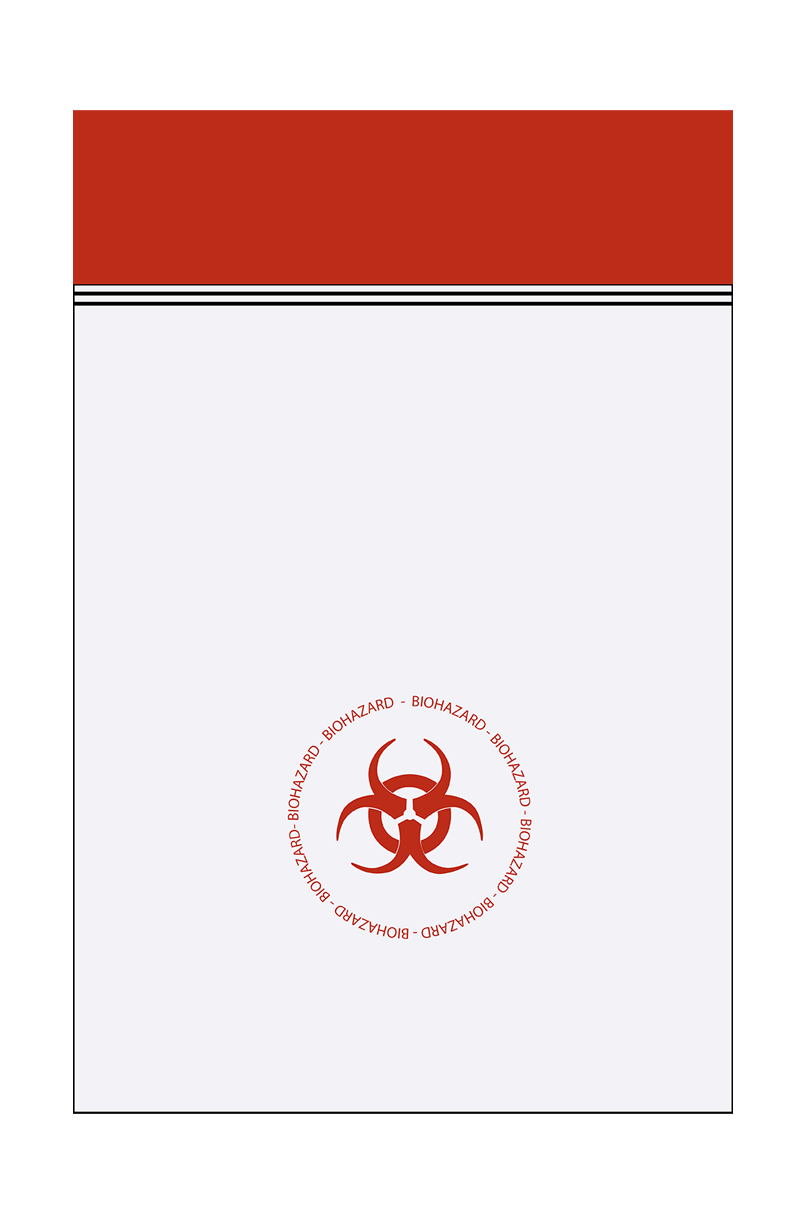 Immagine di una busta BIOHAZARD rossa utilizzata per il confezionamento dei campioni destinati a spedizioni internazionali, fornita da Eurofins Genoma per garantire la sicurezza e il corretto trasporto dei campioni.
